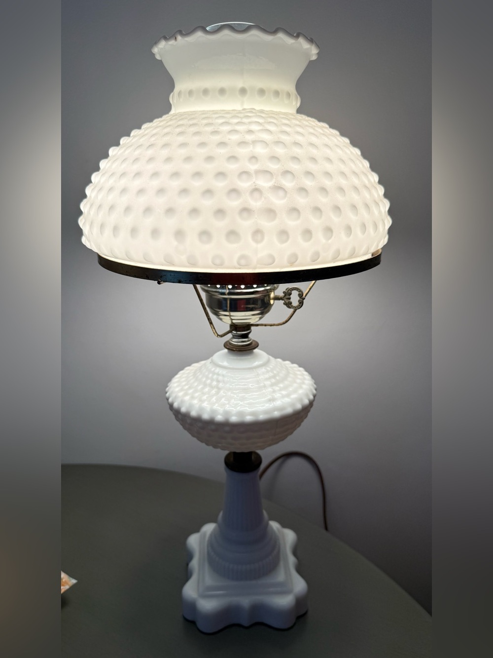Vintage Lamp Hobnail Milk Glass Hurricane Parlor Gone w The Wind Key Turn Light